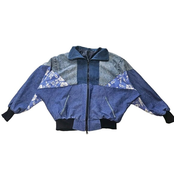Retro Denim Bomber Jacket With Floral Accents, Size XL VINTAGE - Picture 1 of 14